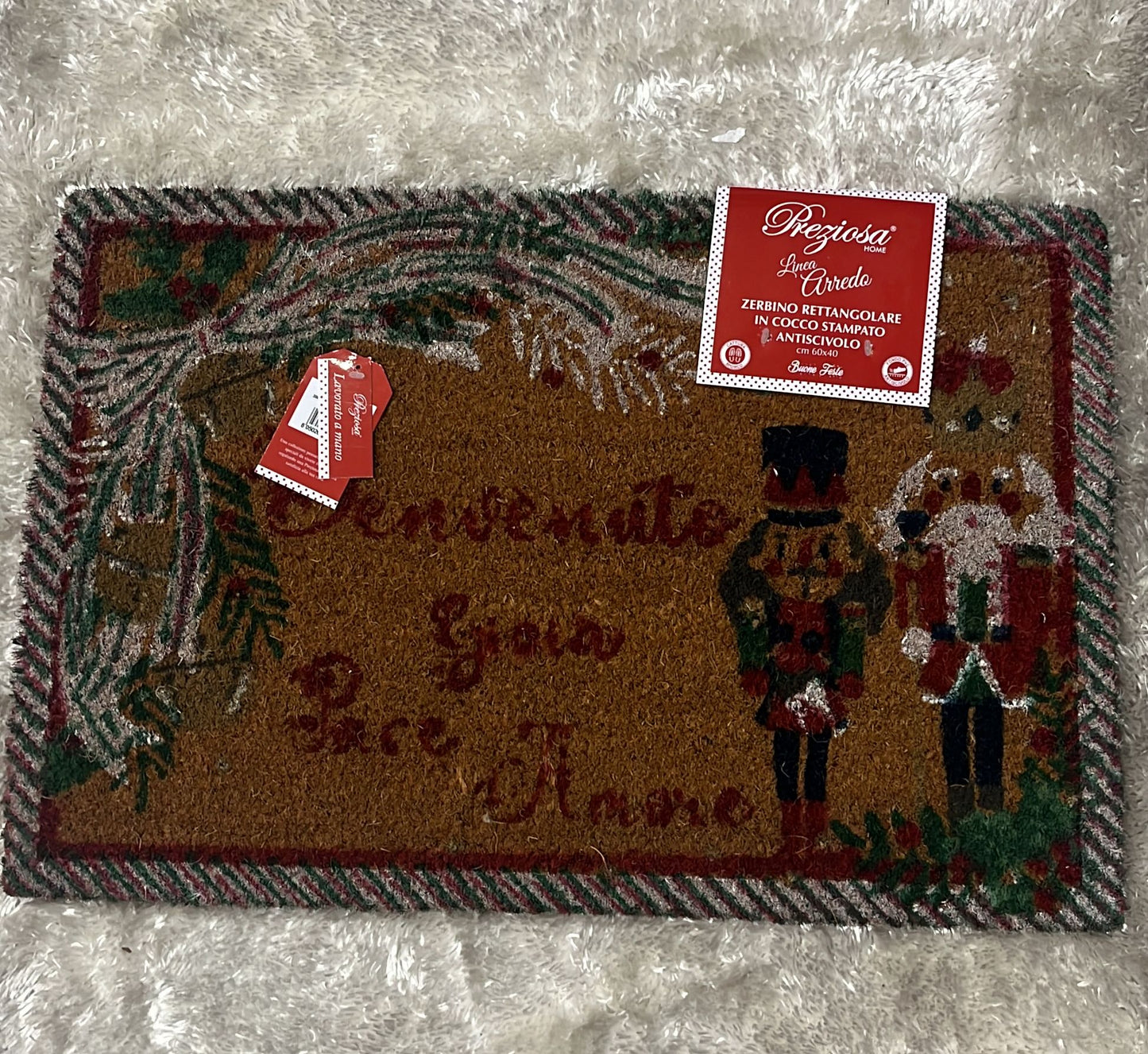 Zerbino natalizio rettangolare fuori porta in cocco stampato , antiscivolo 60x40cm
