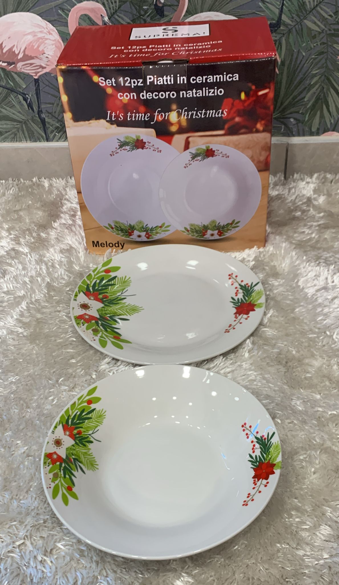 set 12 piatti in ceramica con decoro natalizio composto da 6 piatti piani 22.8cm 6 piatti fondi 20.3cm