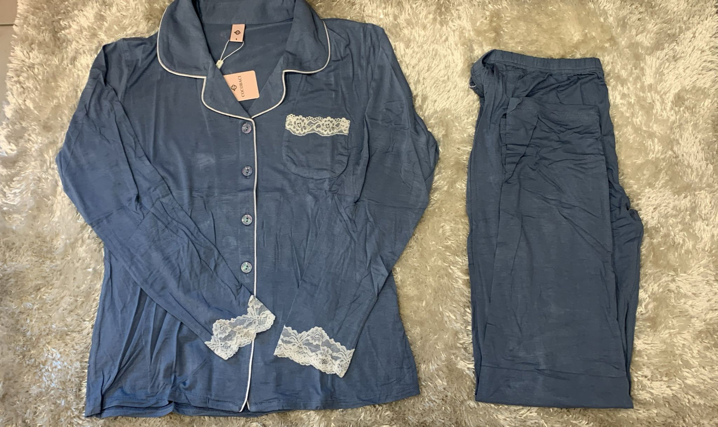 pigiama donna aperto avanti cotone elasticizzato con taschino lato cuore tinta unita con pizzo