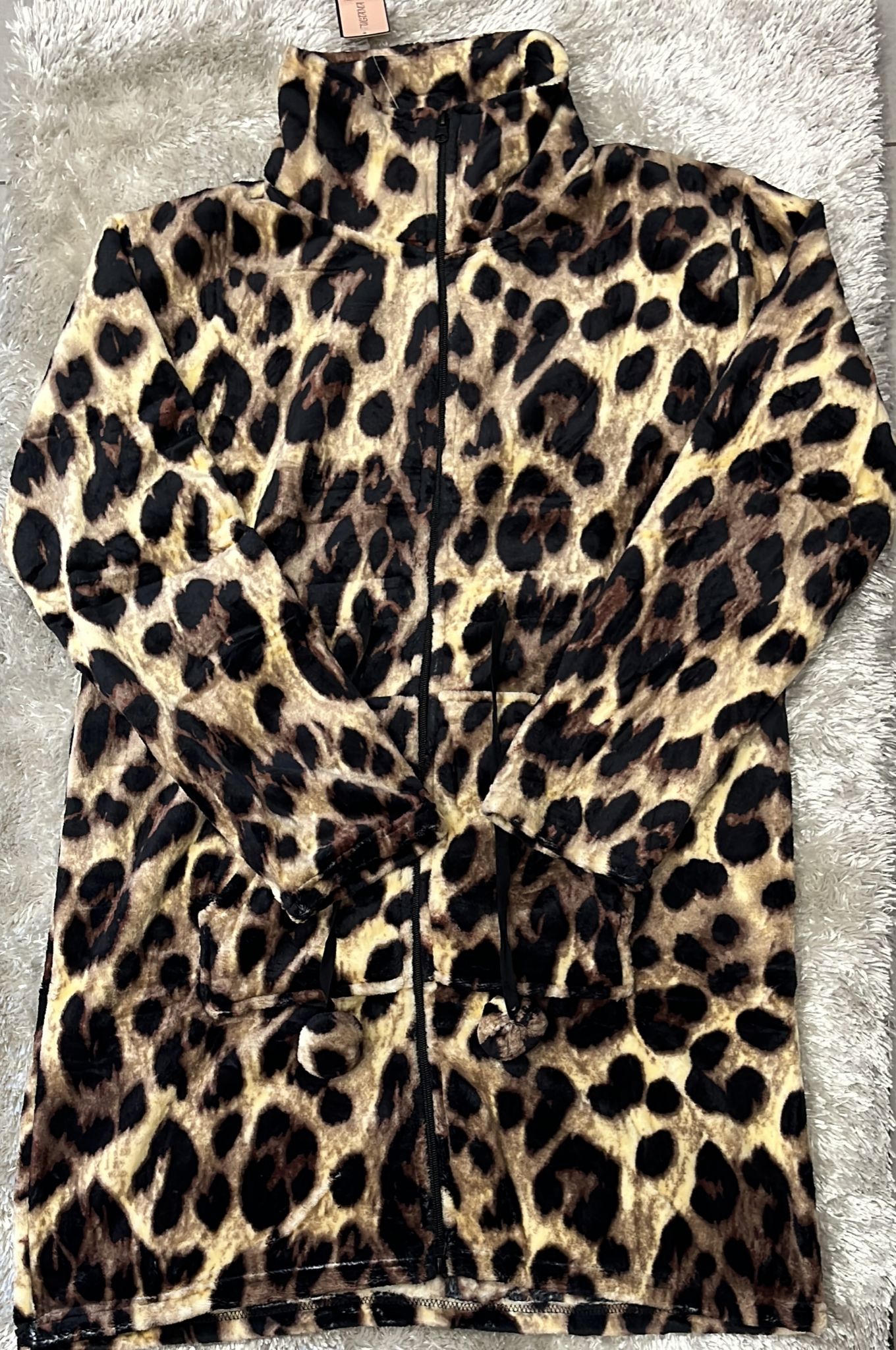 Vestaglia in ciniglia con zip leopardato con mezzo collo,con 2 tasche e cinturino regolabile Super calda