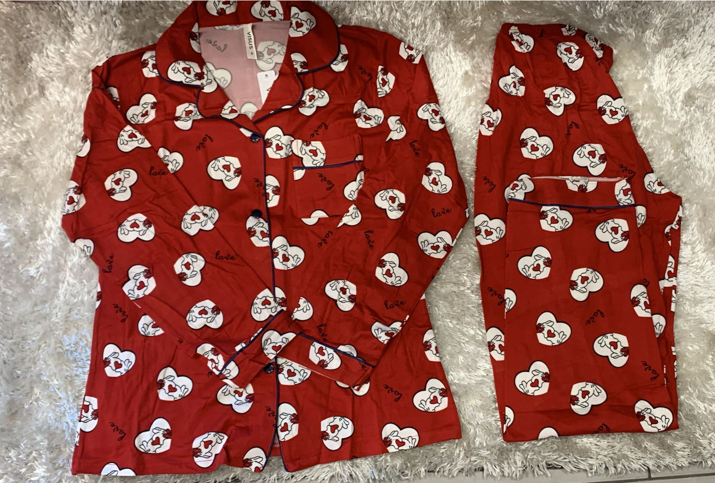 pigiama donna aperto avanti fantasia manine love con taschino lato cuore cotone elasticizzato super comodo per la sua vestibilità