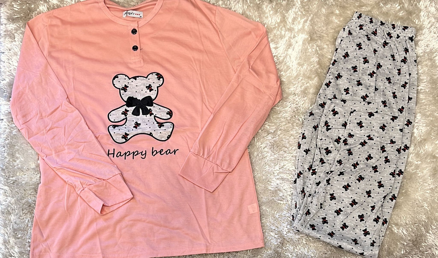 Pigiama donna in cotone con due bottoncini e pantalone con polsini Fantasia happy bear