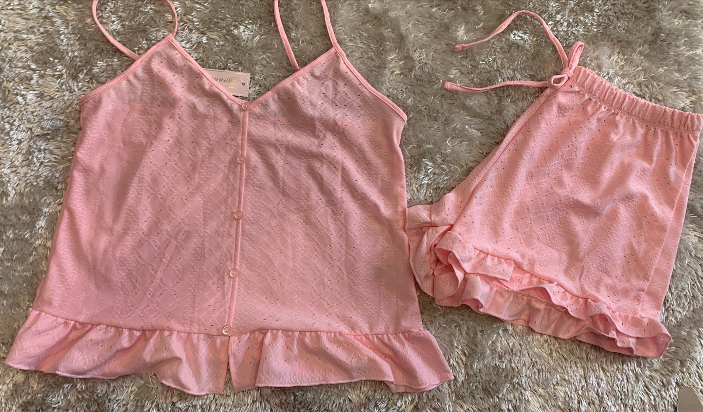 pigiama donna traforato bretellina con finta apertura e pantaloncini tinta unita