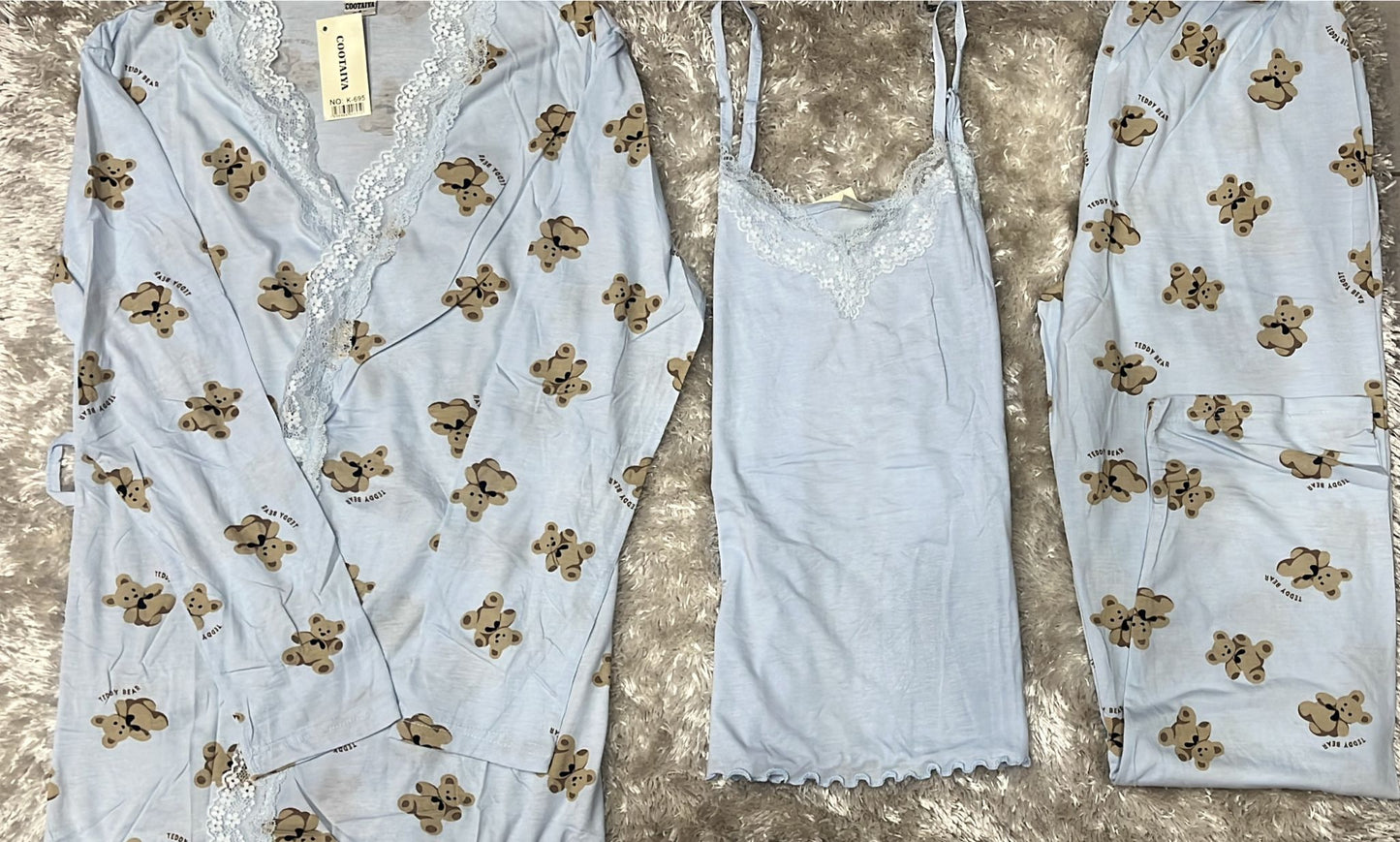 Pigiama donna in cotone tre pezzi composto da vestaglia con merletto ,canotta e pantaloni Fantasia teddy