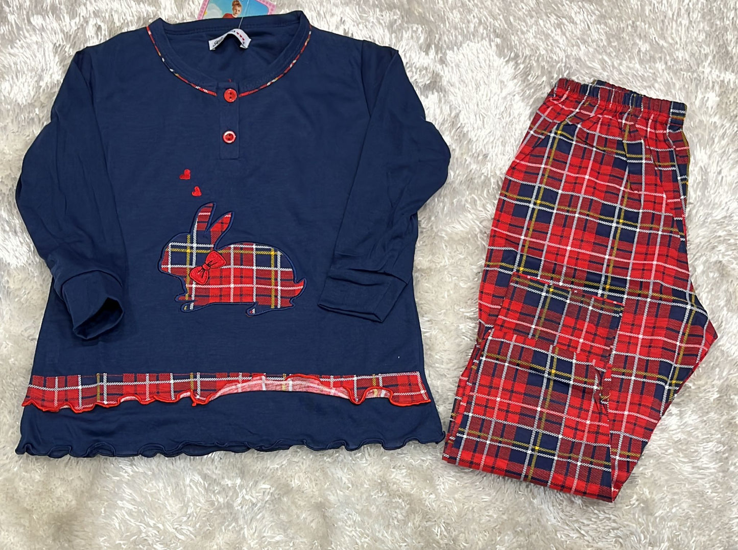 Pigiama bimba in cotone fantasia coniglietto e tartan