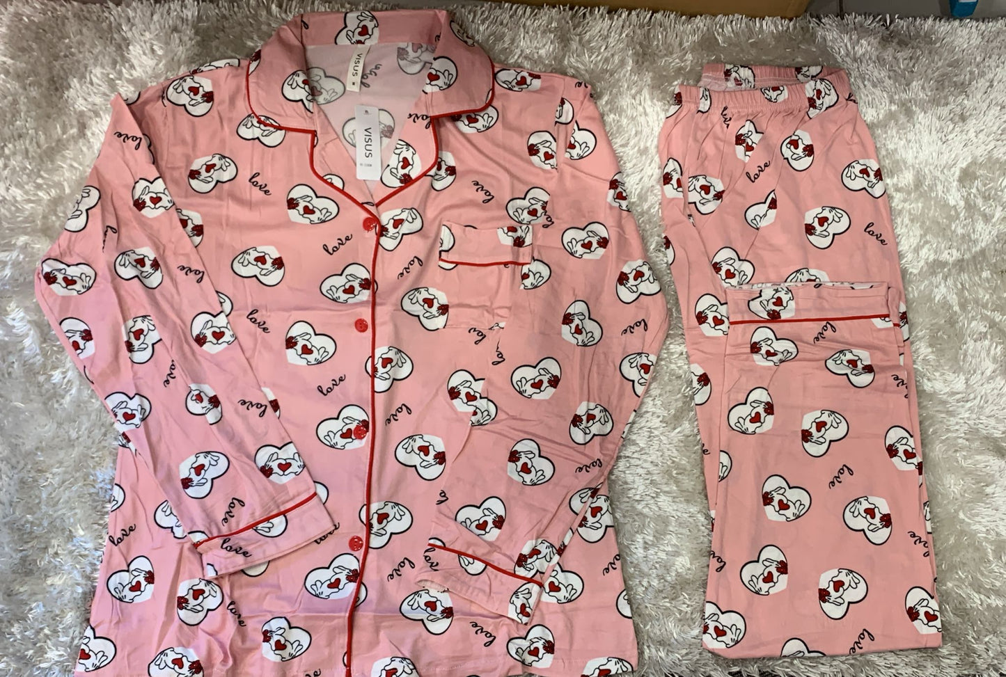 pigiama donna aperto avanti fantasia manine love con taschino lato cuore cotone elasticizzato super comodo per la sua vestibilità