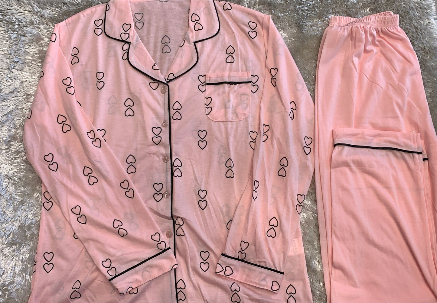 pigiama donna aperto avanti in cotone con taschino lato cuore fantasia cuori
