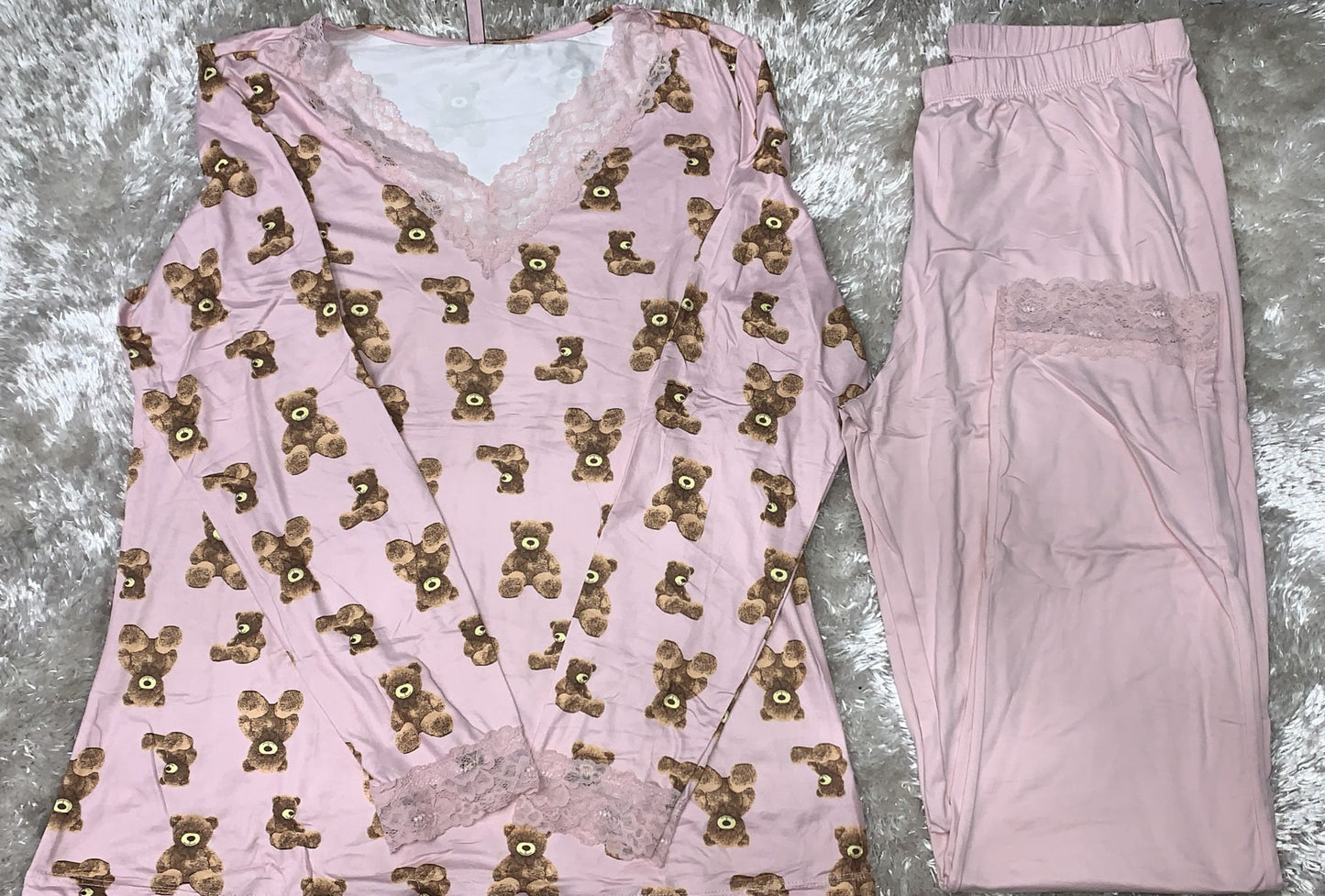 pigiama teddy in cotone elasticizzato scollo v in pizzo