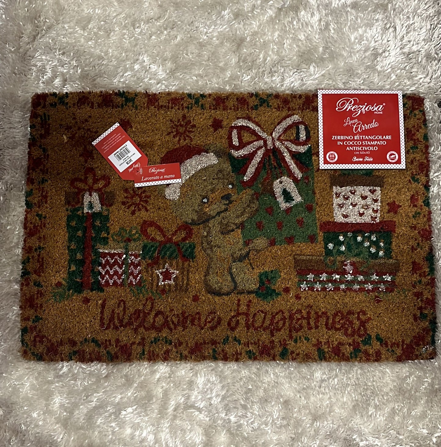 Zerbino natalizio rettangolare fuori porta in cocco stampato , antiscivolo 60x40cm