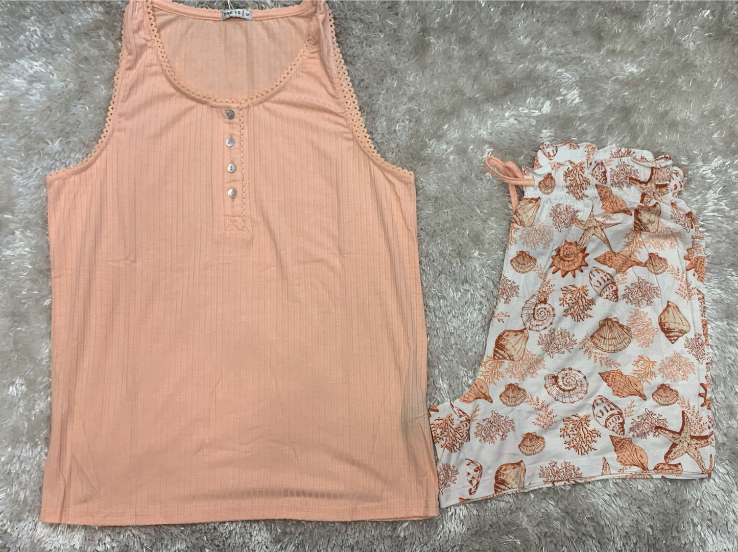 pigiama donna spalla larga e pantaloncini in cotone elasticizzato fantasia conchiglie