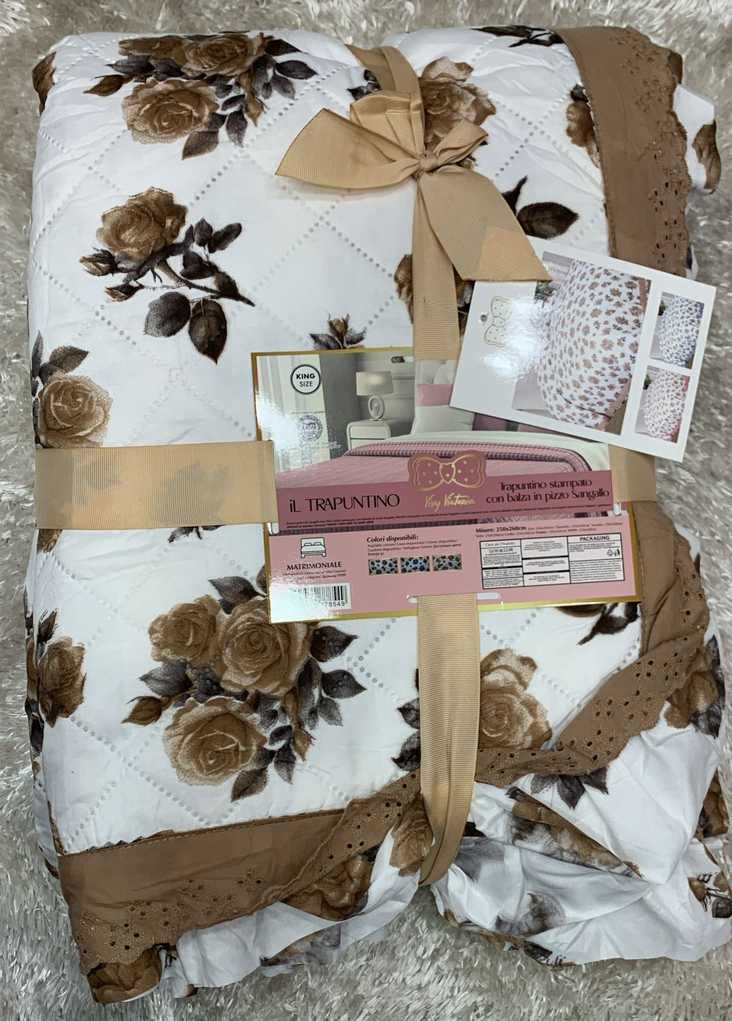 trapuntino matrimoniale romantica con balza in pizzo sangallo 250x260cm