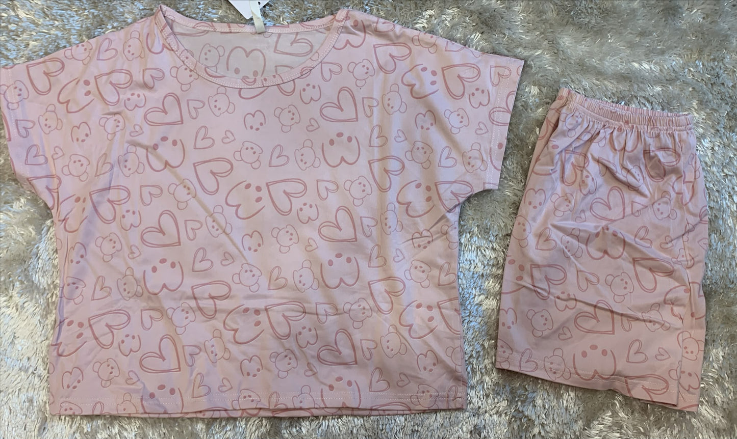 pigiama donna mezza manica crop top e pantaloncini fantasi cuori e orsetto