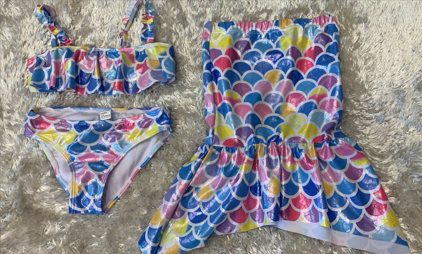 costume bimba 3 pezzi con toppino e slip + copricostume a sirena ( l'articolo non può essere cambiato )