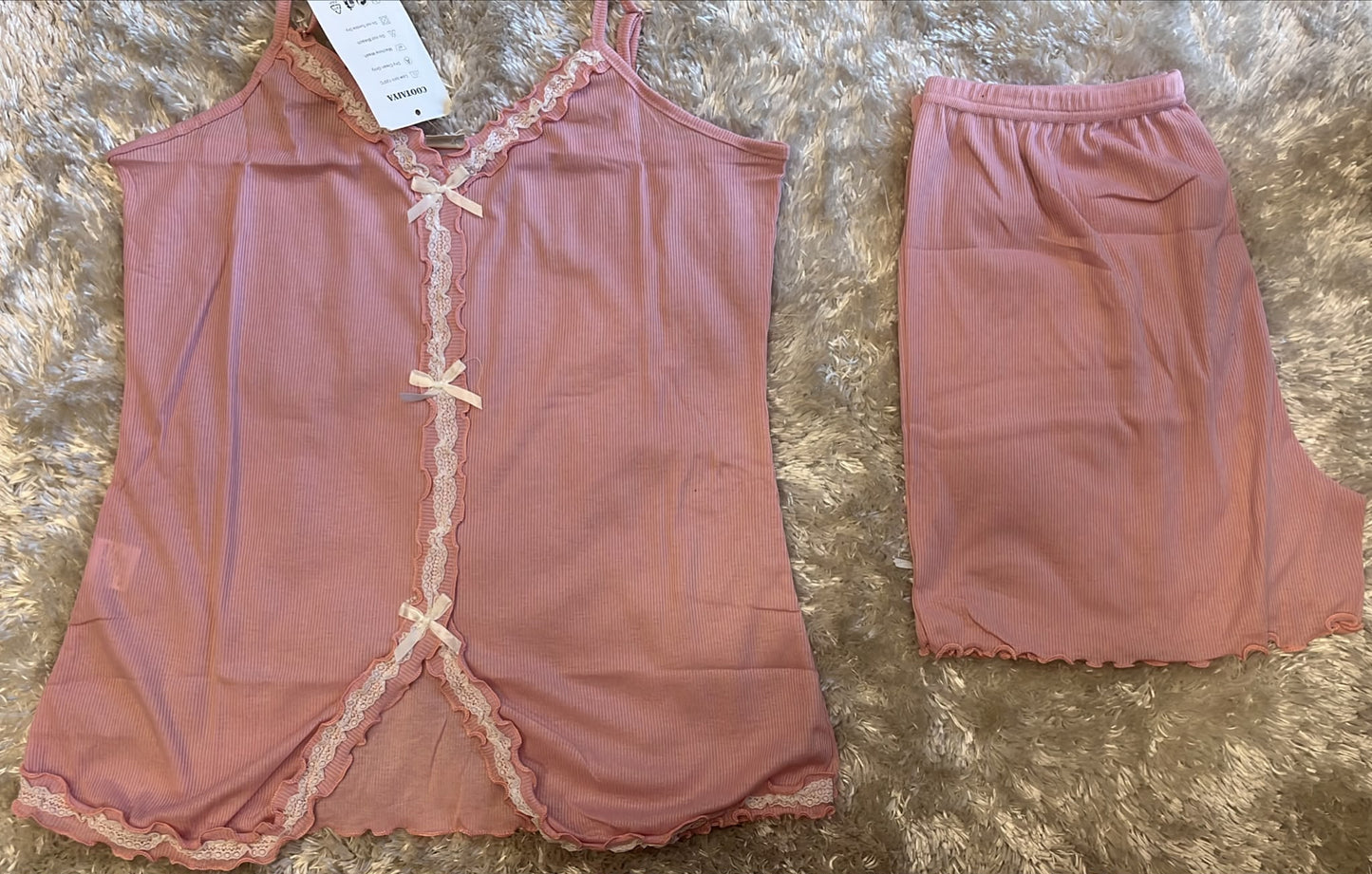 Pigiama donna bretellina con finta apertura fiocchi e pantaloncini