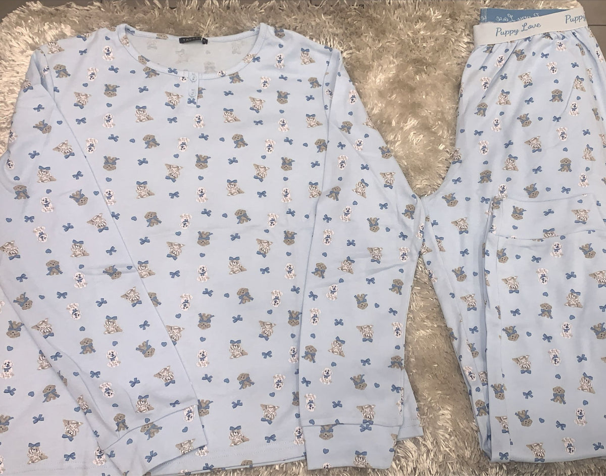 pigiama donna in cotone girocollo con due bottoncini e pantaloni con elastico esterno fantasia cani