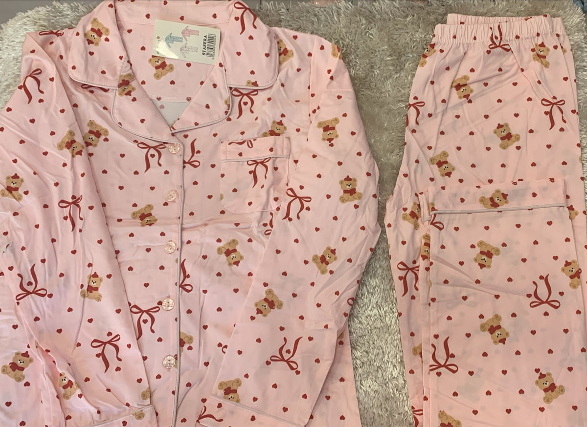 pigiama donna aperto avanti in cotone con taschino lato cuore fantasia teddy e fiocchi