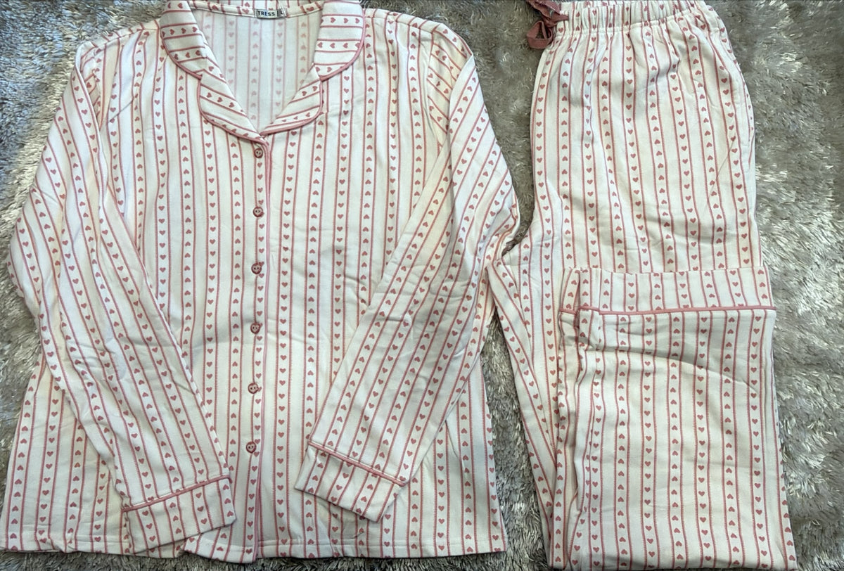 Pigiama donna aperto avanti caldo cotone felpato e pantaloni con laccio in vita Fantasia cuoricini
