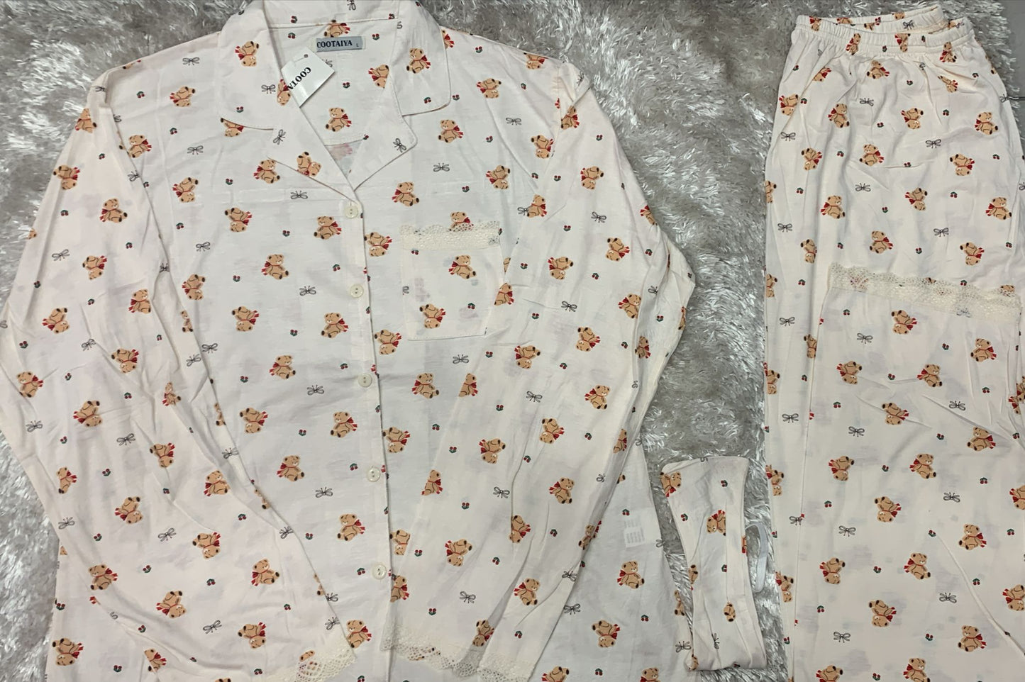 pigiama aperto avanti donna con taschino lato cuore in cotone elasticizzato + benda in omaggio fantasia orsetto e fiocchi