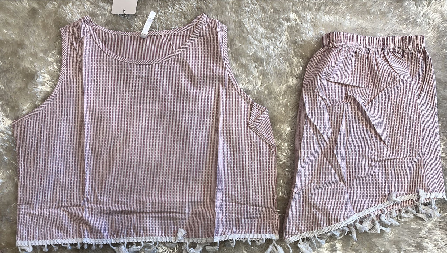 Pigiama donna in cotone spalla larga e pantaloncini con nappine