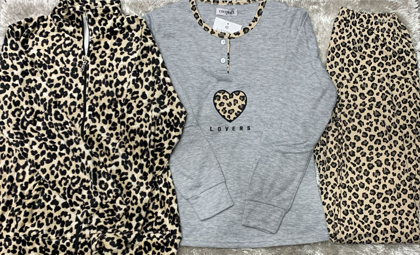 Pigiama tre pezzi donna leopardato composto da giacca in ciniglia,maglia e pantalone caldo cotone felpato