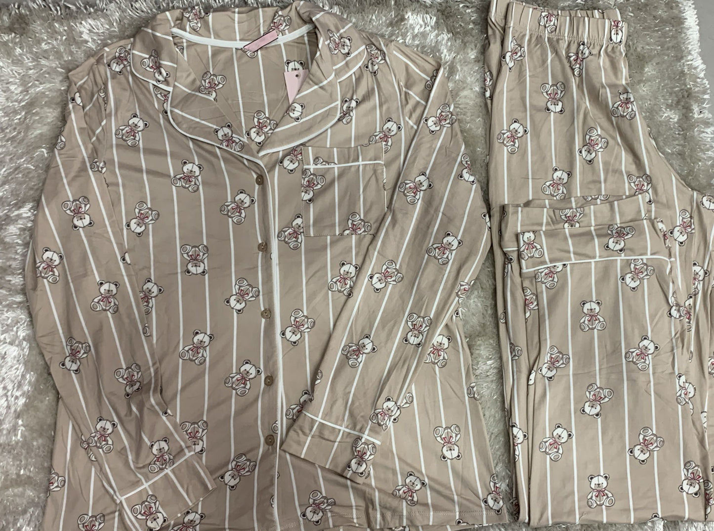 pigiama donna aperto avanti con taschino lato cuore in cotone elasticizzato fantasia teddy fiocco