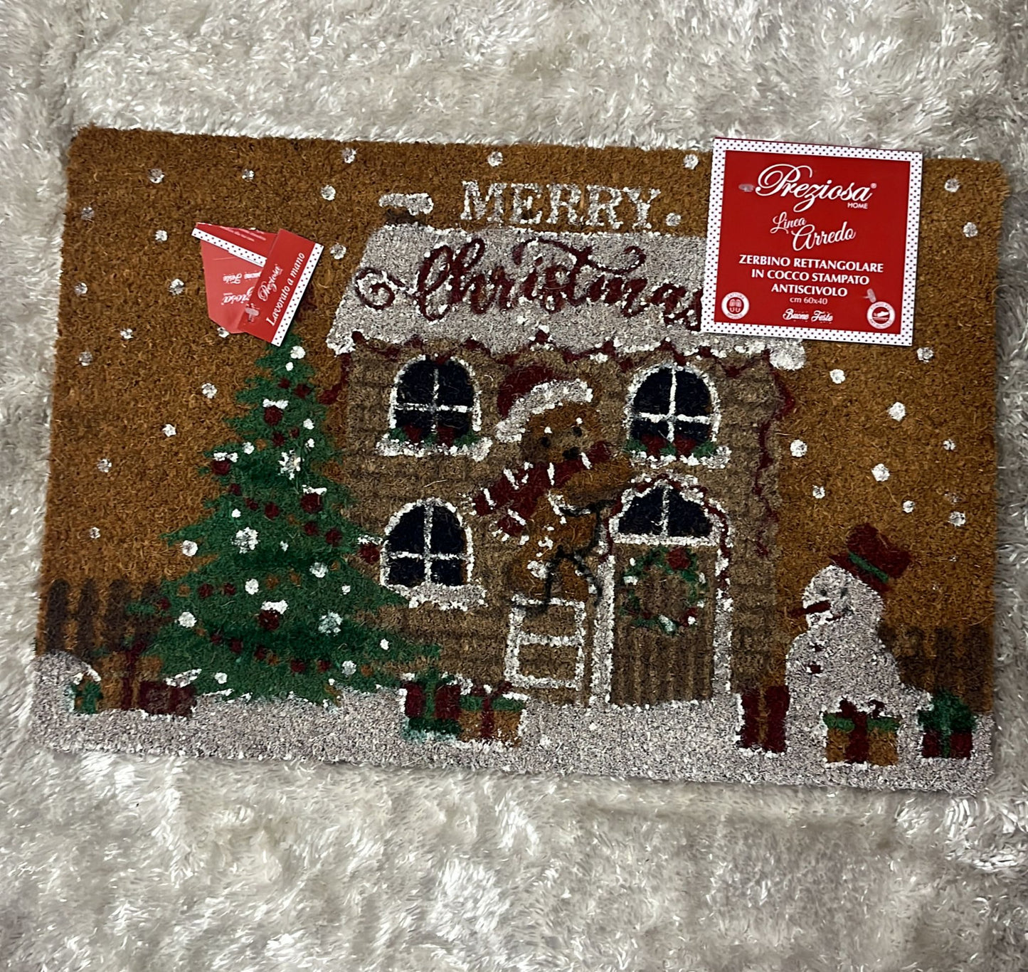 Zerbino natalizio rettangolare fuori porta in cocco stampato , antiscivolo 60x40cm