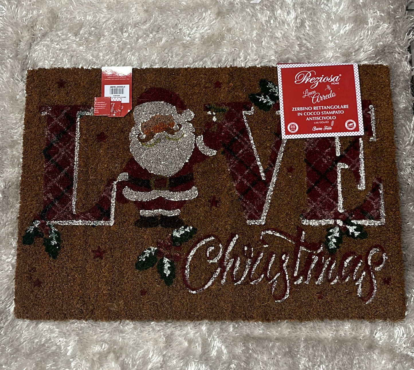 Zerbino natalizio rettangolare fuori porta in cocco stampato , antiscivolo 60x40cm