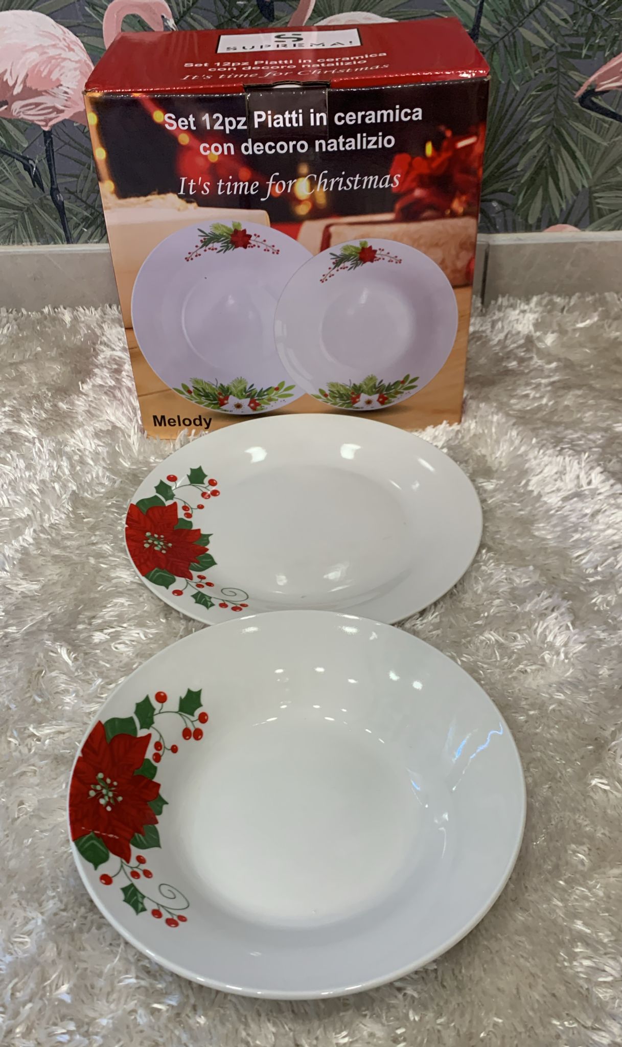 set 12 piatti in ceramica con decoro natalizio composto da 6 piatti piani 22.8cm 6 piatti fondi 20.3cm