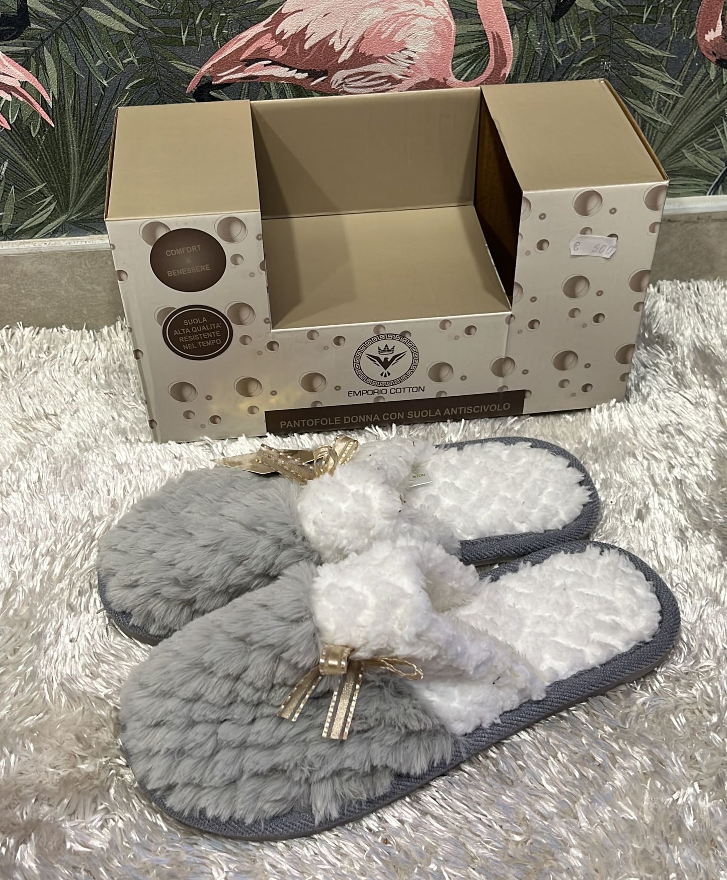 Pantofole scatolate donna con suola antiscivolo super comode e calde con fiocchetto laterale