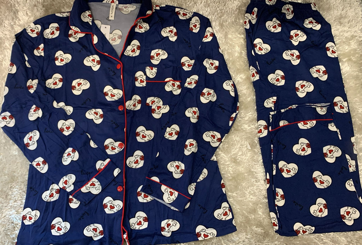 pigiama donna aperto avanti fantasia manine love con taschino lato cuore cotone elasticizzato super comodo per la sua vestibilità
