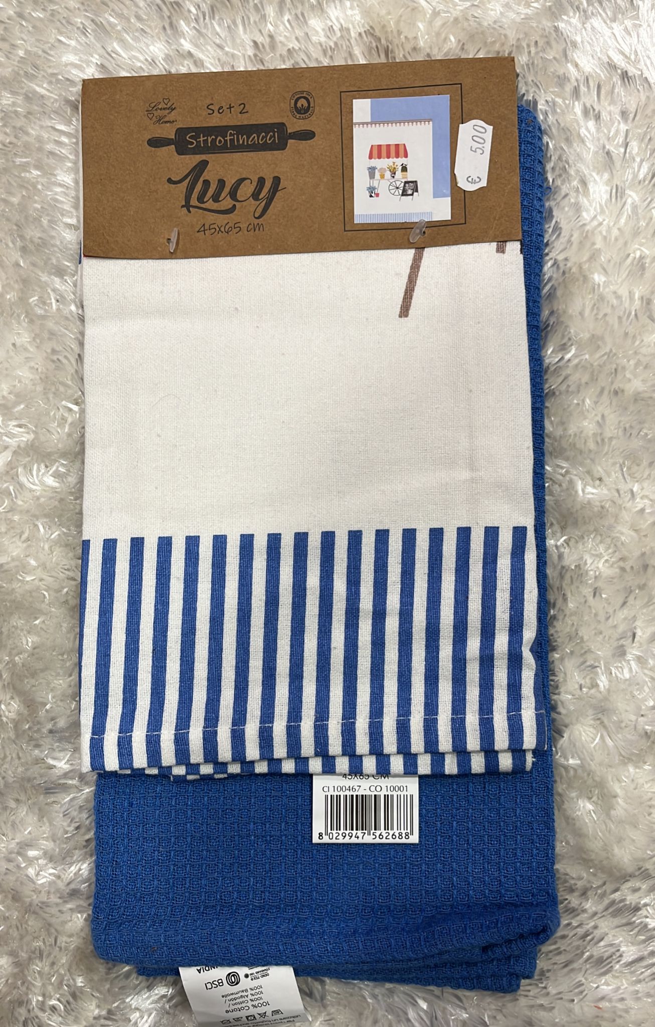 Set 2. di strofinacci 100% cotone 1 strofinaccio tinta unita 1 strofinaccio fantasia Mis 45x65 cm