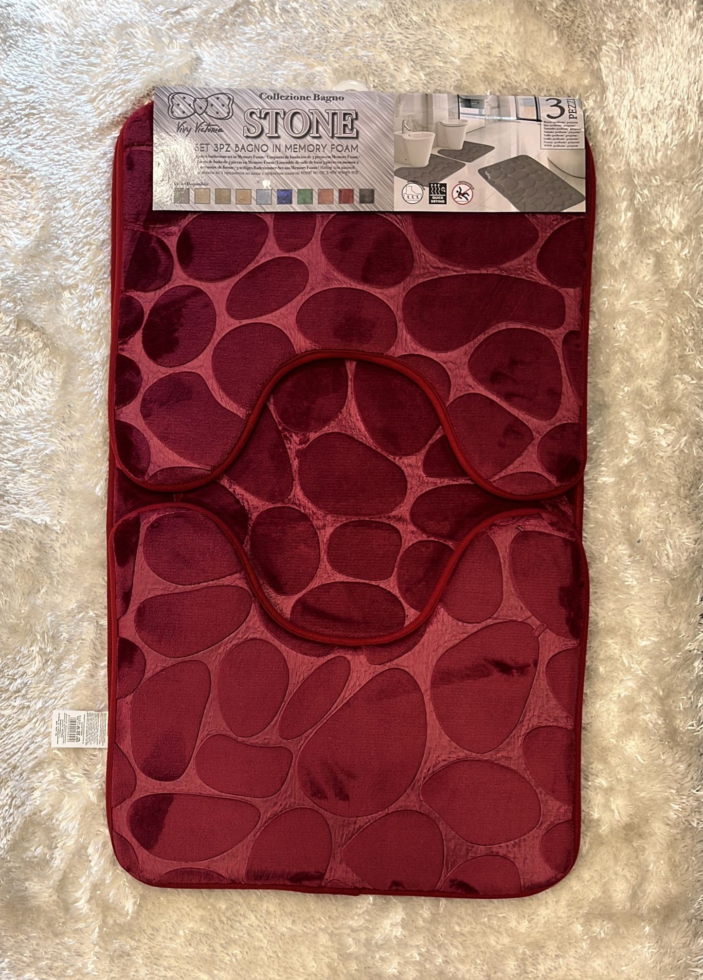 Tris bagno antiscivolo 3D lavabile in lavatrice 50x40cm 50x40cm 50x80cm Fantasia sassolini bordeaux 2 pezzi