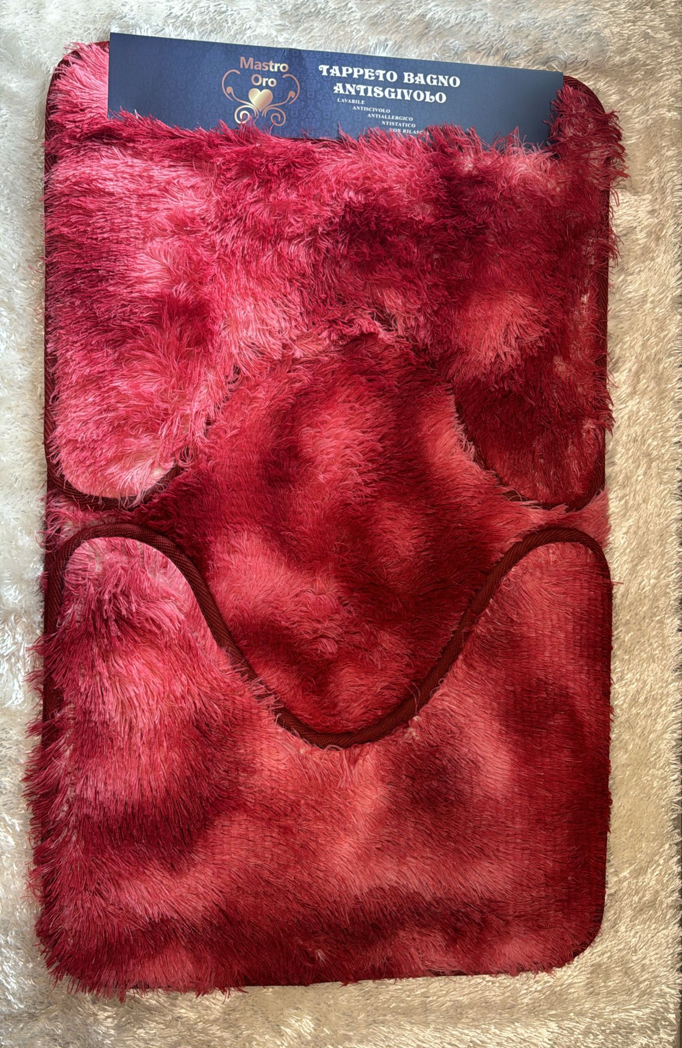"Tris bagno antiscivolo in pelliccia Lavabile Antiallergico Non rilascia peli Misura 50x80 50x40 50x40" Colore Bordeaux
