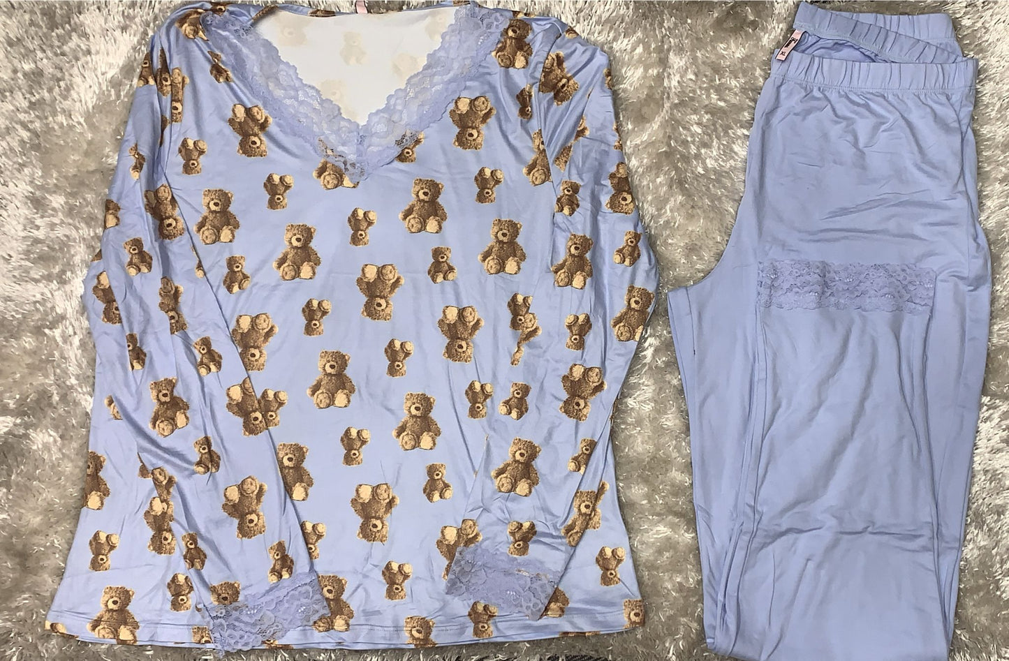 pigiama teddy in cotone elasticizzato scollo v in pizzo