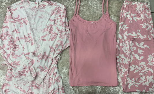 Pigiama tre pezzi in cotone elasticizzato composto da vestaglia ,canotta e pantalone fantasia floreale