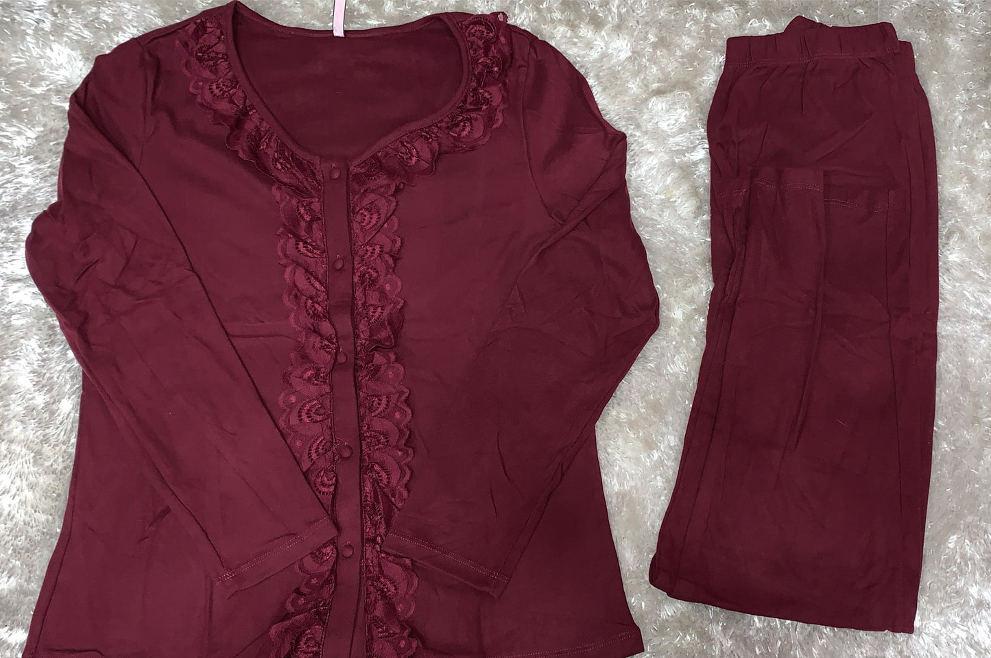 Pigiama donna aperto avanti con rifiniture in merletto in caldo cotone ( l'articolo non può essere cambiato )