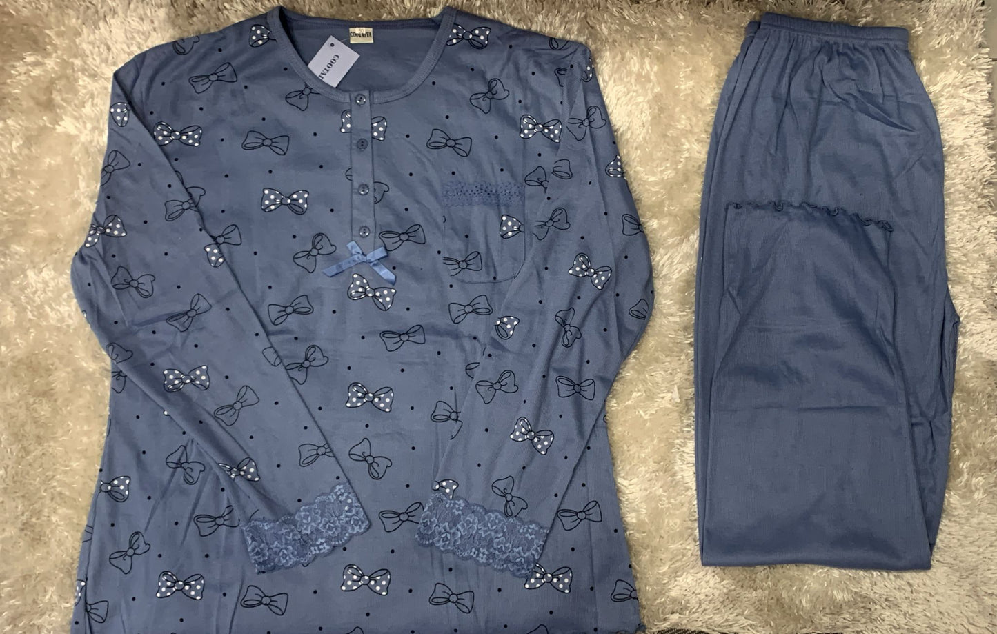 pigiama donna a costine con 4 bottoncini  taglie calibrate  fantasia fiocchi