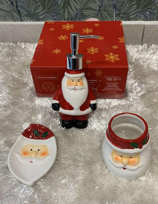 Set accessori natalizi in ceramica  composto da  dispenser sapone   piattino porta sapone  bicchiere porta spazzolini