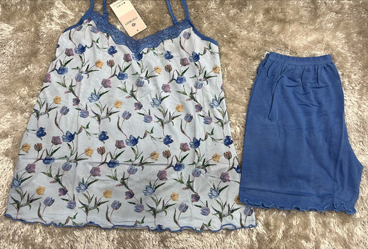 Pigiama donna bretellina e pantaloncini con rifiniture in merletto  Fantasia tulipano