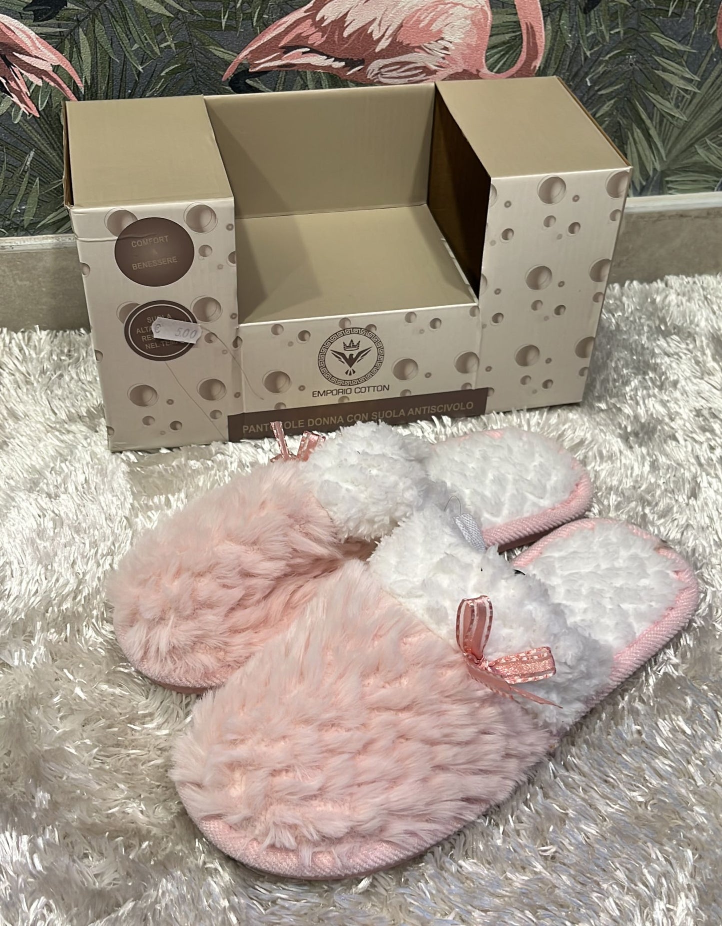 Pantofole scatolate donna con suola antiscivolo super comode e calde con fiocchetto laterale