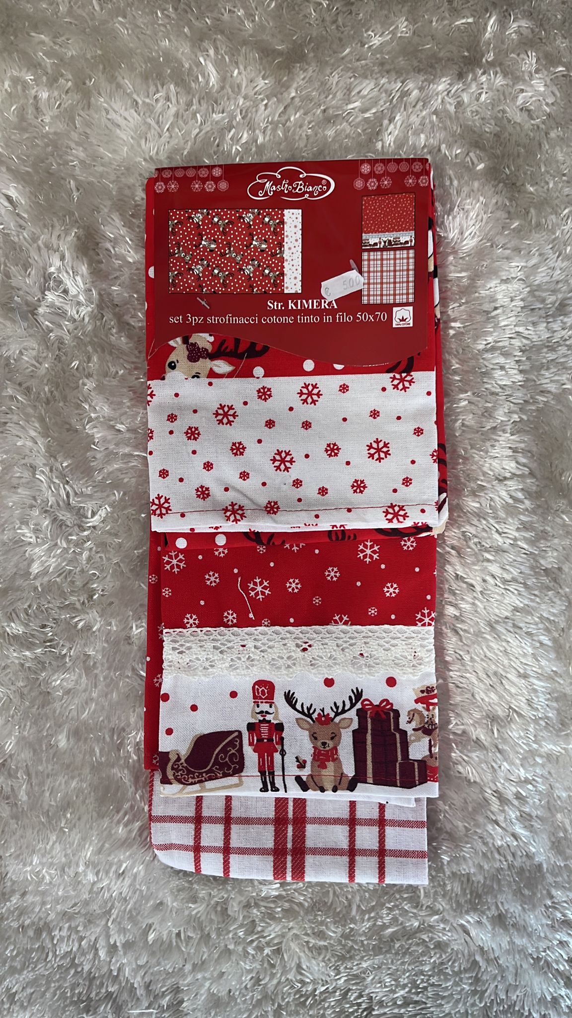 Set 3 pezzi strofinacci natalizi  in cotone tinto un filo  50x70cm
