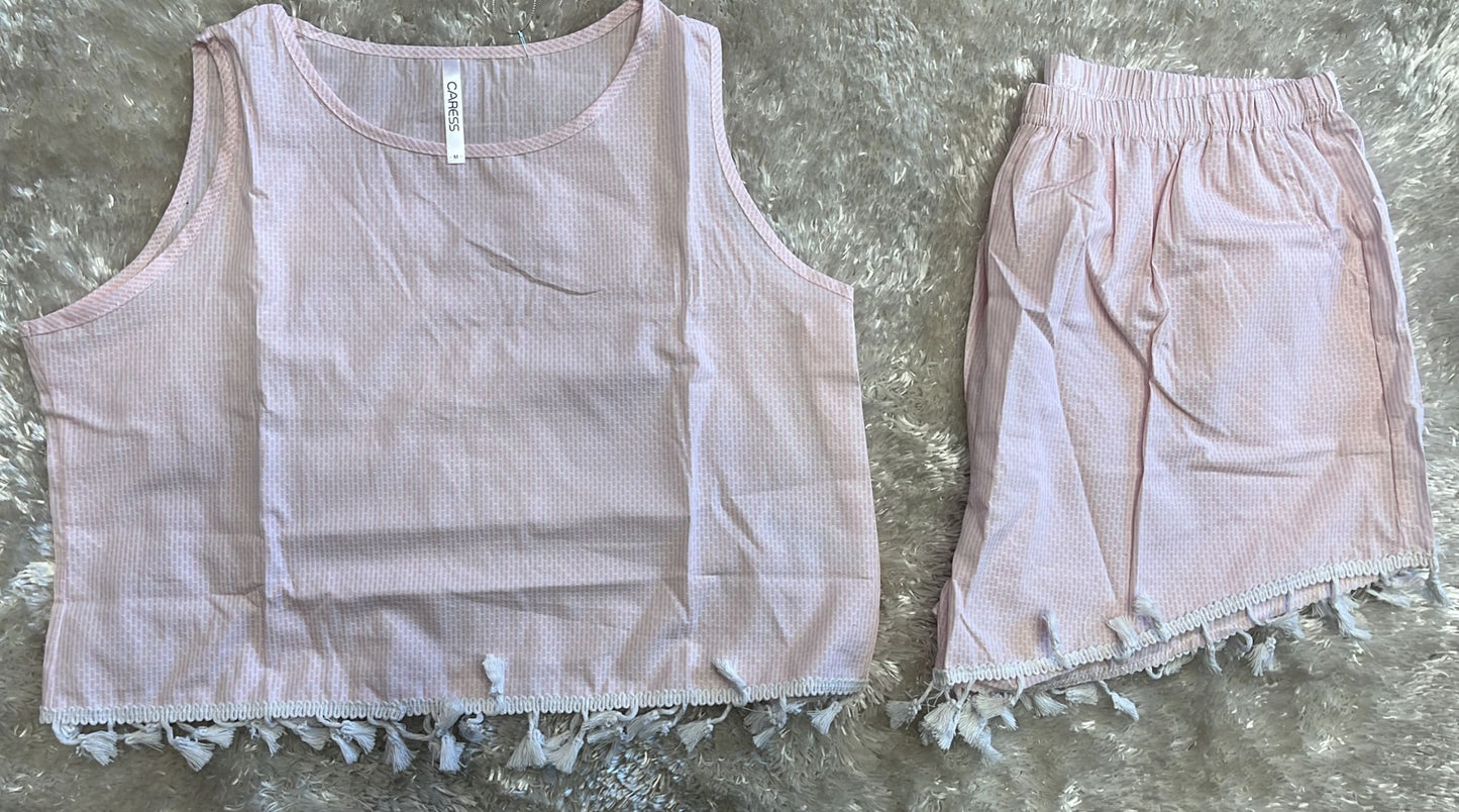 Pigiama donna in cotone spalla larga e pantaloncini con nappine