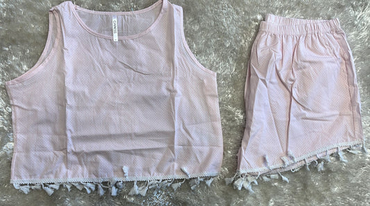 Pigiama donna in cotone spalla larga e pantaloncini con nappine