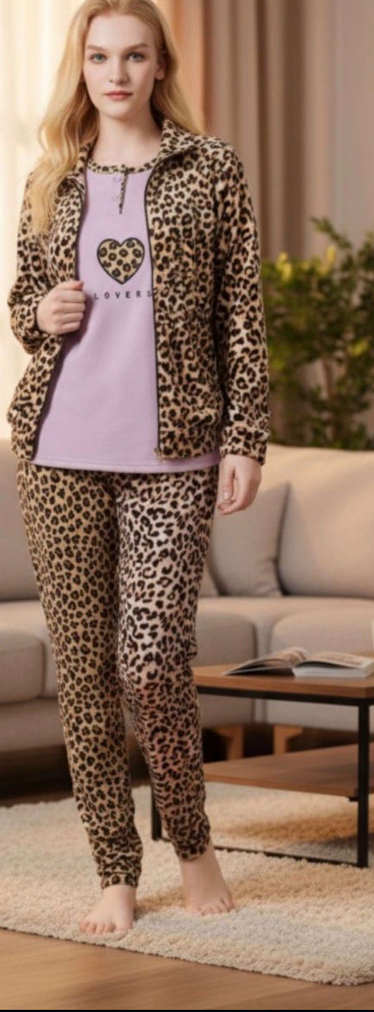 Pigiama tre pezzi donna leopardato composto da giacca in ciniglia,maglia e pantalone caldo cotone felpato