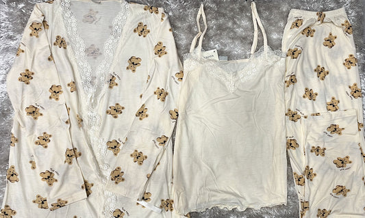 Pigiama donna in cotone tre pezzi composto da vestaglia con merletto ,canotta e pantaloni Fantasia teddy