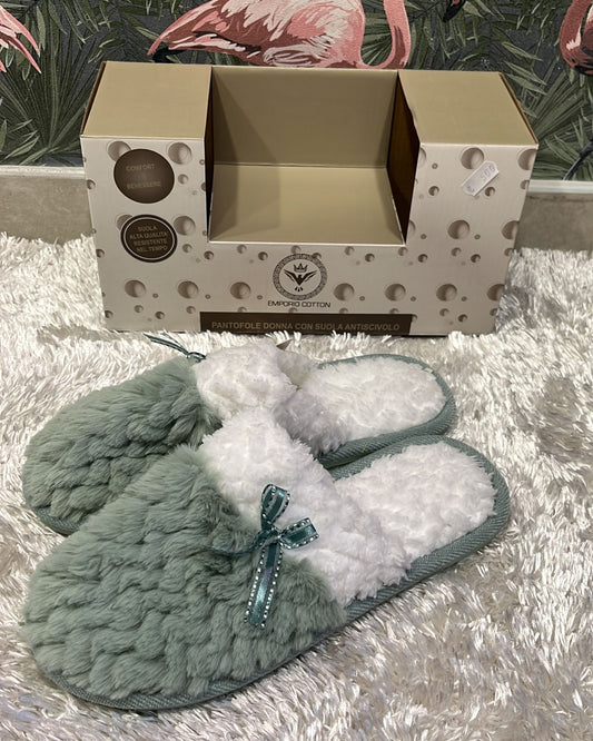 Pantofole scatolate donna con suola antiscivolo super comode e calde con fiocchetto laterale