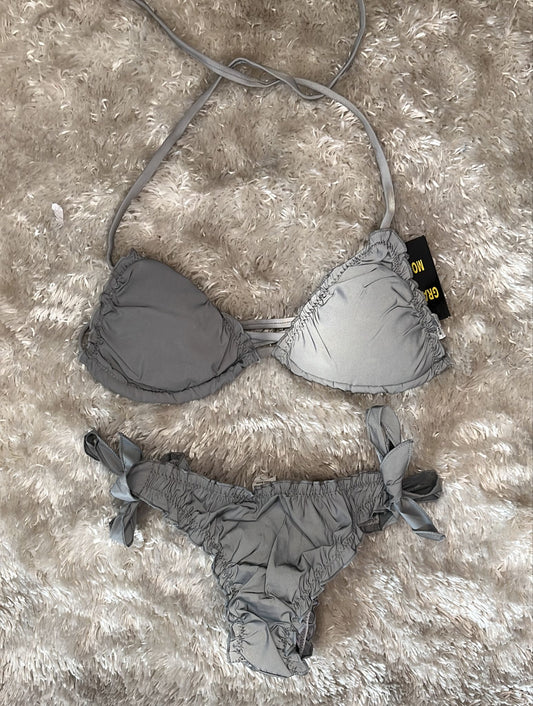 Costume donna triangolino a due pezzi catarifrangente con slip brasiliana e laccetti regolabili