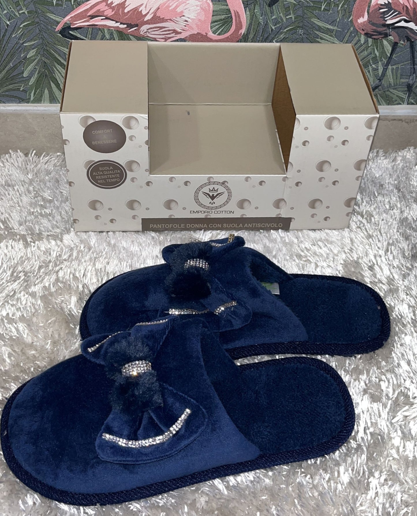 Pantofole scatolate donna con suola antiscivolo super comode e calde con fiocco in rilievo