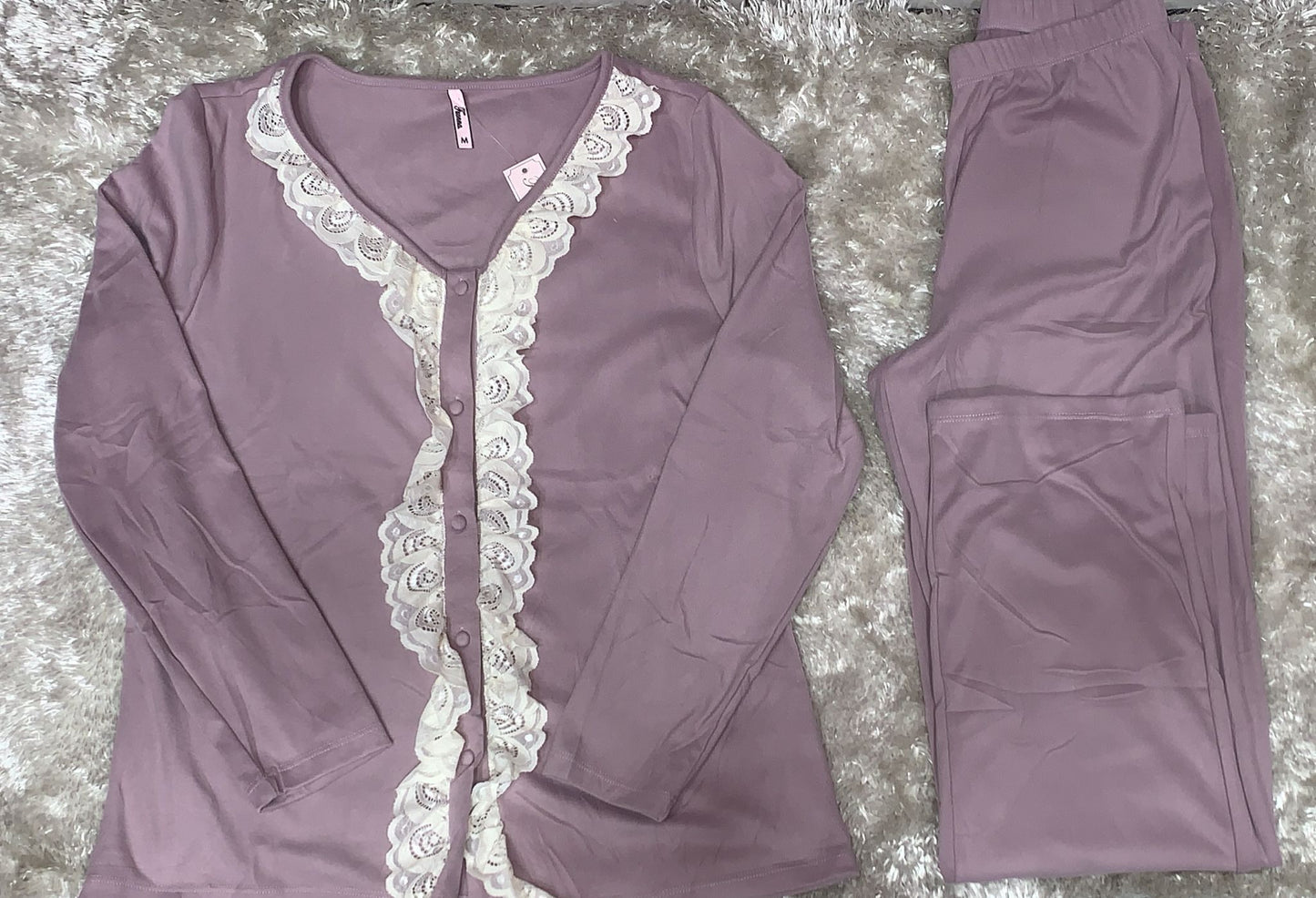 Pigiama donna aperto avanti con rifiniture in merletto in caldo cotone ( l'articolo non può essere cambiato )