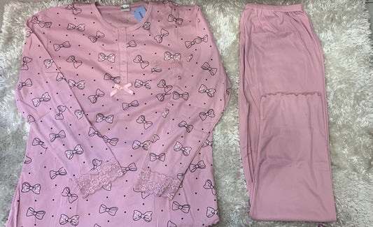 pigiama donna a costine con 4 bottoncini  taglie calibrate  fantasia fiocchi